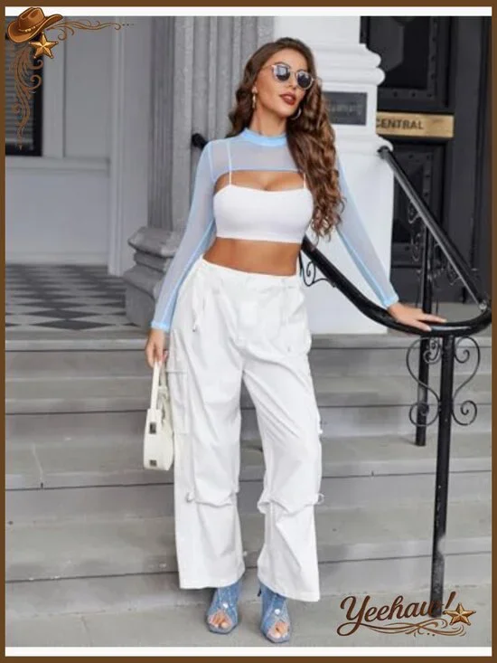 Long Sleeve Mesh Crop Top Mock Neck Slim Fit See Through Clubwear - Picture 4 of 7